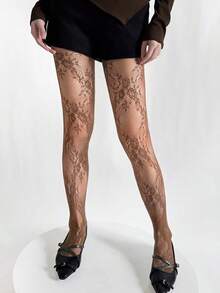 新款性感咖啡玫瑰镂空渔网袜，高弹蕾丝连裤袜，适合派对、办公室和休闲场合穿着。 - 咖啡棕 - 查看 3