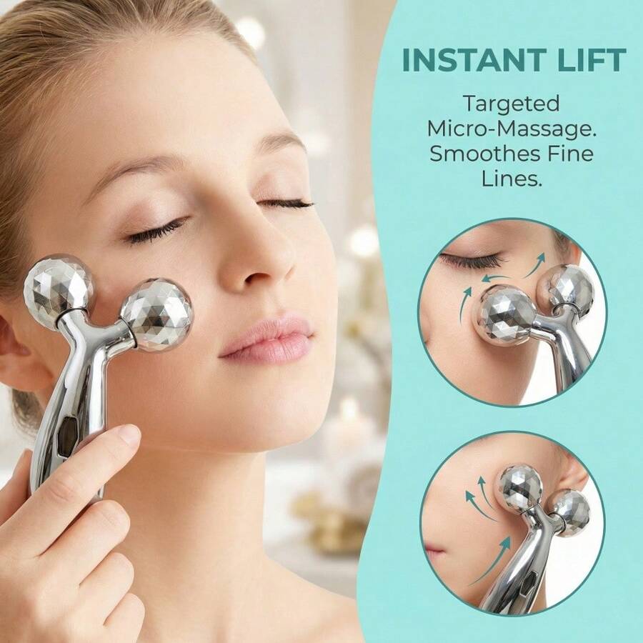Rodillo de masaje facial 3D, herramienta de masaje facial de acero inoxidable para levantar, firmar y reducir la hinchazón - Plateado - Ver 1