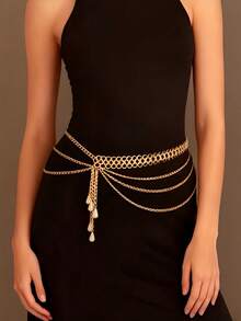 1pc Fashionable And Elegant Tassel Ladies' Waist Chain, Suitable For Casual And Party Wear, Perfectly Matches Dresses And Evening Gowns. - Gold - View 3