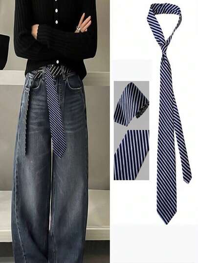 Cinturón de cintura estilo commuter a rayas azul marino, corbata de pañuelo de cintura retro, nuevo accesorio de cinturón de jeans para mujer, cadena de cintura de moda de nicho Y2K