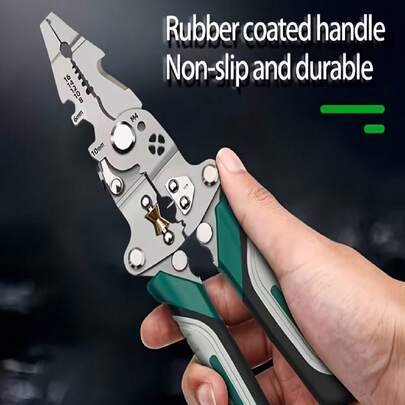 1把折叠式剥线钳，高碳钢材质，适用于各种电线加工，可用于电气布线、家庭维修、电路改造、电子产品DIY、户外应急、家庭、建筑工地、车间、工具箱、维修台等场合，适合电工、维修专家、DIY爱好者、办公室工作人员、手工爱好者使用，集剥线钳、压线钳、多功能钳、折叠式电工钳于一体。
