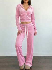 Valentine's Day, Loungewear Outfit, Gifts For Her Women's Cozy Pink Velour Two-Piece Tracksuit Set With Cropped Zip-Up Hoodie And Wide-Leg Pants For Casual Wear - Hồng - Xem 3