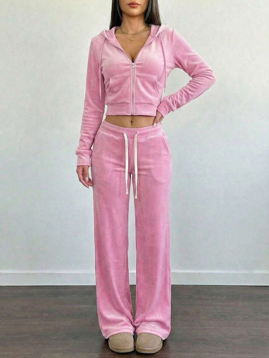 Valentine's Day, Loungewear Outfit, Gifts For Her Women's Cozy Pink Velour Two-Piece Tracksuit Set With Cropped Zip-Up Hoodie And Wide-Leg Pants For Casual Wear - Hồng - Xem 1