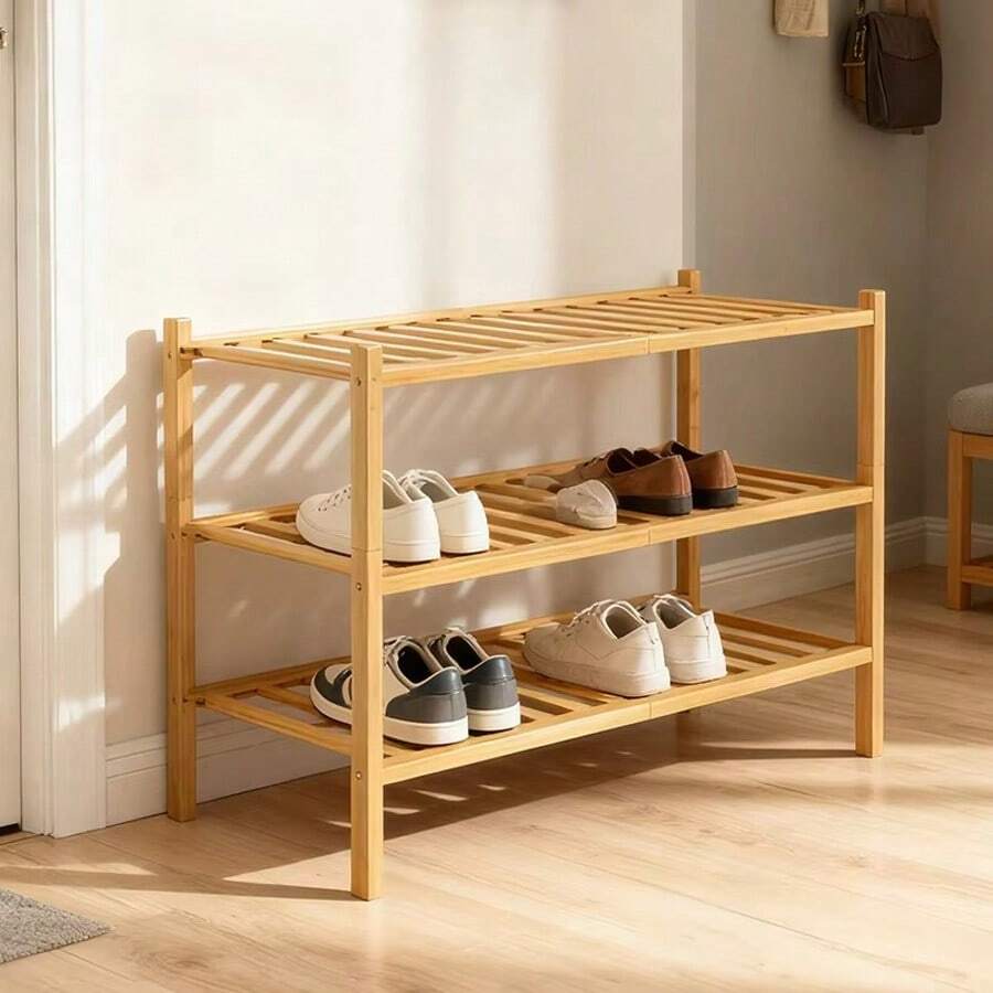 Three-Layer Independent Shoe Rack, Stackable Modular Shoe Cabinet, Foldable Shoe Storage Rack, Bamboo And Wood Material Shoe Rack Suitable For Entrance And Wardrobe, Beautiful, Natural, Practical And Sturdy Shoe Rack, Space-Saving Entrance, Living Room, Bedroom Shoe Rack, Size 68 X 25 X 46 Cm, Natural Wood Color - Maple - View 1