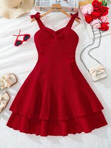 Left Mama 女童优雅红色蝴蝶结吊带连衣裙，适合夏季参加派对和度假 - 紅色 - 查看 1