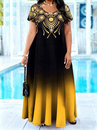 Vestido de manga corta de color oscuro con estampado de mandala bohemio para mujer de talla grande, Vestido elegante de cuello redondo para mujer de talla grande, Vestido suelto con bolsillos, Adecuado para verano, playa y vacaciones, Ropa para mujer de talla grande, Vestido elegante para mujer, Vestido para mujer