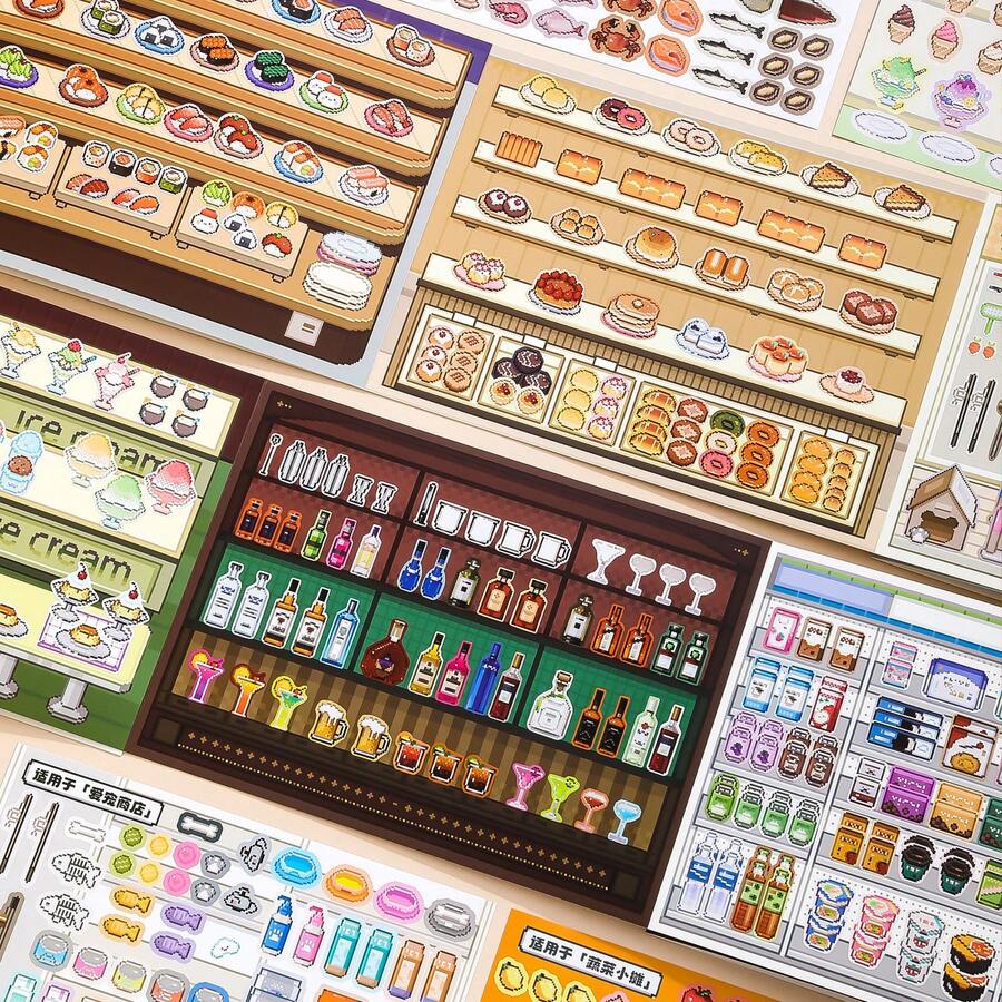 Bộ sưu tập sticker trang trí và tạo cảnh 3D thu nhỏ Pixel Shop Series, mô phỏng kệ siêu thị, sticker dán điện thoại, sticker tự làm giúp giảm căng thẳng, thích hợp làm quà tặng nhân dịp tựu trường và các dịp lễ.