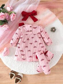 Newborn Baby Girl Gift Set - Dress With Bow, Heart & Stripe Print, With Socks And Headband - Pink - View 3