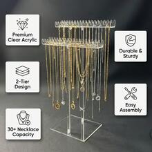 Acrylic Necklace Storage Box | Transparent Jewelry Display Stand With Double-Sided Hooks - Clear - View 4