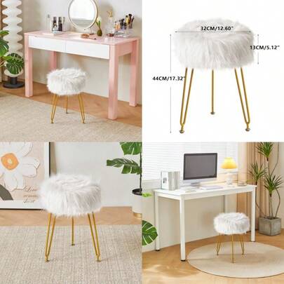 Faux Fur Vanity Stool Chair Furry Makeup Stool Ottoman Soft Padded Seat Round Footrest Footstools With 4 Metal Legs For Living Room Bedroom Entryway White