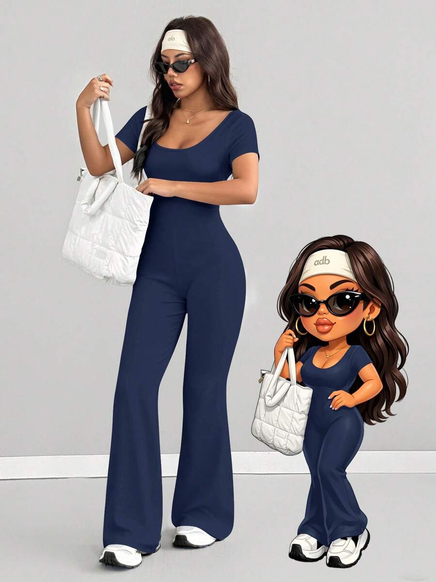 Bộ áo liền quần nữ AITYI Studio, dáng ôm, cổ chữ U, màu trơn, thời trang, gợi cảm, thoải mái, tôn dáng, đa năng, phù hợp cho lễ tốt nghiệp, năm mới, ngày Valentine, mùa xuân và hè. Áo liền quần tay ngắn ống loe, chất liệu co giãn, chất liệu dệt kim. - Màu xanh hải quân - Xem 1