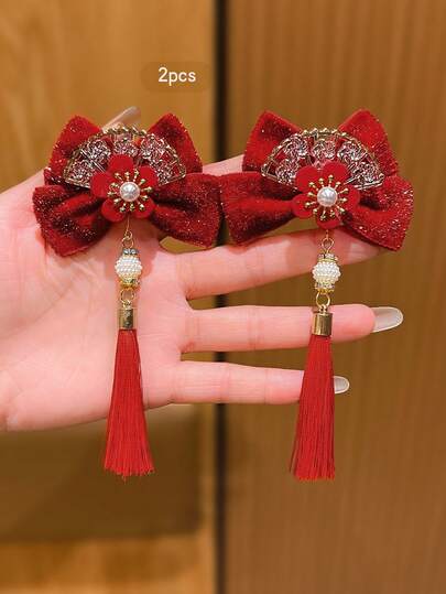 2 pezzi Fermagli per capelli con fiocco rosso e nappine, adatti per accessori per capelli di uso quotidiano