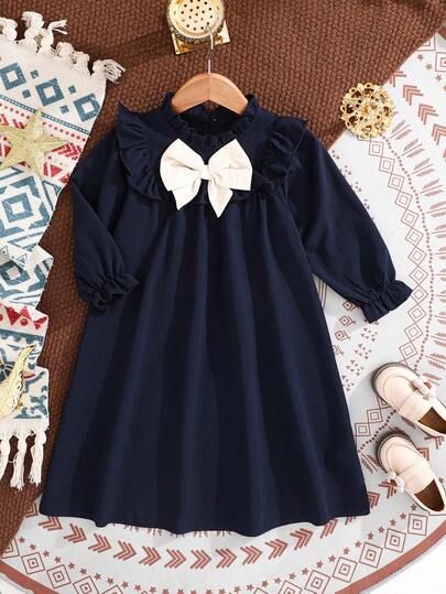 Young Girl Ruffle Trim Flounce Sleeve Bow Front Dress