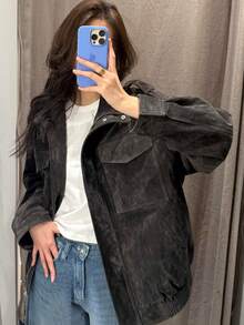 DEEKA Autumn/Winter New Arrival Women's Fashion Suede-Feel Leather Jacket, European And American Style Spring - Maroon - View 5