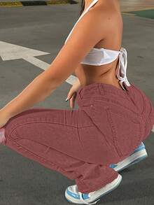 GILIPUR Y2K Women High Waist Flare Jeans, European And American Street Style Rhinestone Red Denim Skinny Pants, Stretchy, Elegant & Fashionable, Casual Versatile Bottoms - Pink - View 4