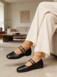 Women's Retro Double Buckle Mary Jane Shoes, Black Soft Leather Slip-On Casual Comfortable Everyday Shoes - Black - View 5