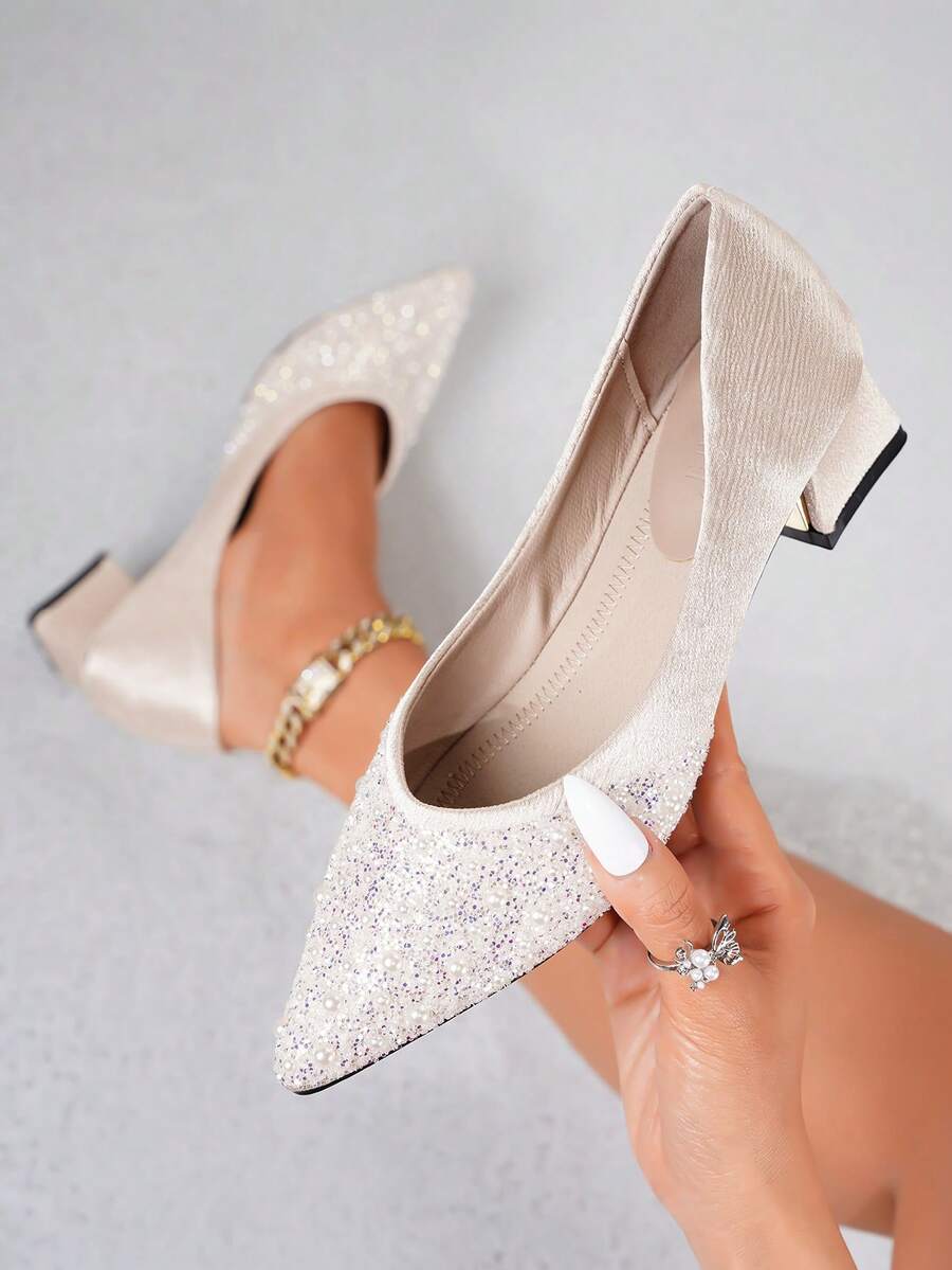 2026 Primavera/Verano Zapatos de tacón de punta francesa, Mocasines de tacón medio con decoración de rhinestones y perlas, Zapatos náuticos elegantes de talla grande - Albaricoque - Ver 1
