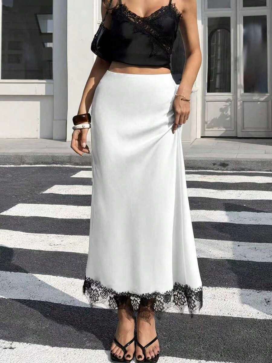 Dila Polly 新款春夏女士真丝缎面A字中长裙，蕾丝拼接，优雅流畅 - 白色 - 查看 1