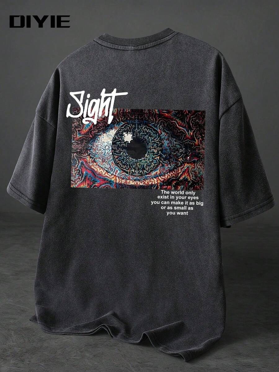 DIYIE Men's Youthful Street Retro-Washed Geometric Eye Print Short-Sleeve T-Shirt Men's Casual Print T-Shirt Men's Cotton T-Shirt - Black - View 1