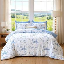 Luxudecor Floral King Comforter Set 7 Pieces Bed In A Bag, Blue Rose Romantic Flower Bed Set, Soft Reversible Comforter With Sheet Set 104"X90" Home Decor Room Decor Bedroom Decor Bed Comforter Set Mothers Day Gift Wedding Decorations. - 藍色-1272 - 查看 1