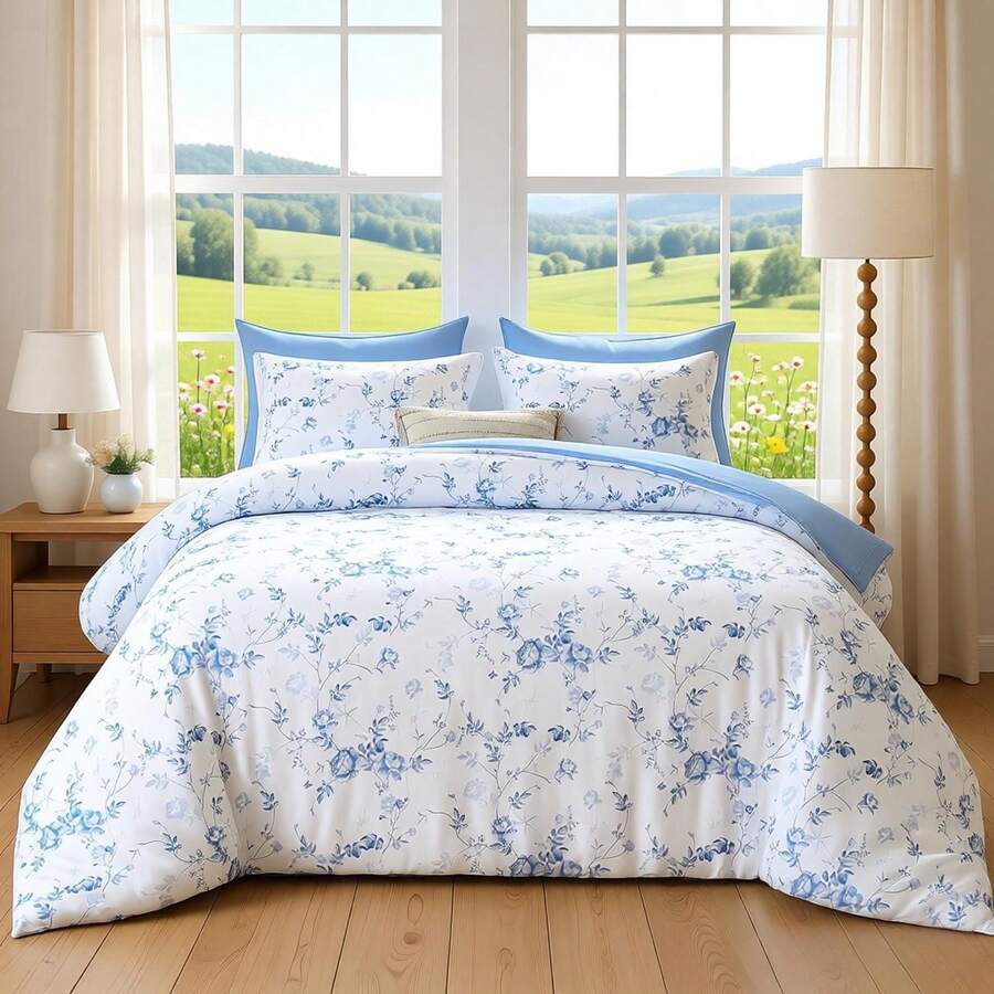 Luxudecor Floral King Comforter Set 7 Pieces Bed In A Bag, Blue Rose Romantic Flower Bed Set, Soft Reversible Comforter With Sheet Set 104"X90" Home Decor Room Decor Bedroom Decor Bed Comforter Set Mothers Day Gift Wedding Decorations. - 藍色-1272 - 查看 1