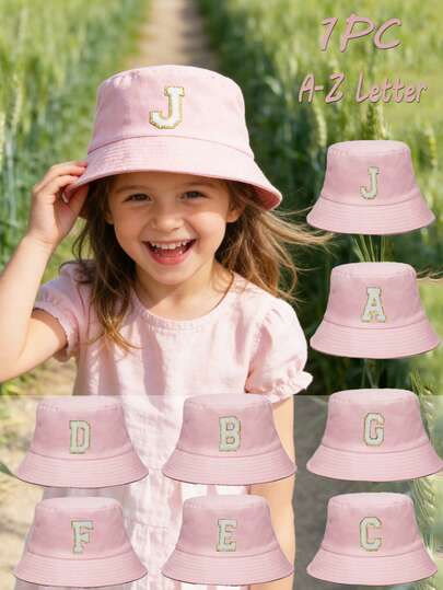 1 pieza Sombrero de sol personalizado con impresión del alfabeto de 26 letras para niños, sombrero de cubo versátil y de moda, adecuado para niñas en primavera y verano para uso diario, de vuelta a la escuela, gran regalo para el Día de la Madre, cumpleaños