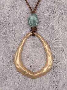 1pc Fashionable Versatile Gold & Silver Teardrop Shaped Alloy Necklace, Unisex Pendant Long Necklace With Brown Wax Rope & Beads, Music Festival Gift, Holiday Accessory - Brown Waxed Rope - View 3