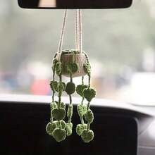 Car Interior Rear View Mirror Ornament Crochet Hanging Strawberry Plant Car Decorations Interior Aesthetic Car Accessories Cute Car Charms For Rear View Mirror, Boho Car Decoration - Mint Green Heart-shaped Leaves - View 14