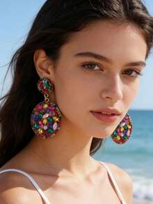 imoli Pendientes largos de color al azar con diamante de imitación oval - Multicolor - Ver 5