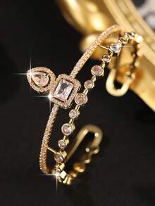 2 pezzi Set di bracciale e anello con charm a forma di faccia sorridente in zirconia cubica della serie fantasy, set di gioielli da matrimonio in lega di rame con zirconia cubica brillante, adatto per banchetti, balli, feste - Oro giallo - Visualizzare 9