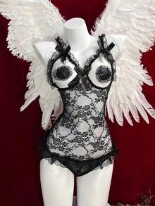 Black Floral Lace Sheer Slip Bodydoll Jumpsuit For Hot Women Open Crotch One-Piece Teddy V-Neck Mesh Bodysuit Valentine's Day Gift For Husband - 黑色 - 查看 1