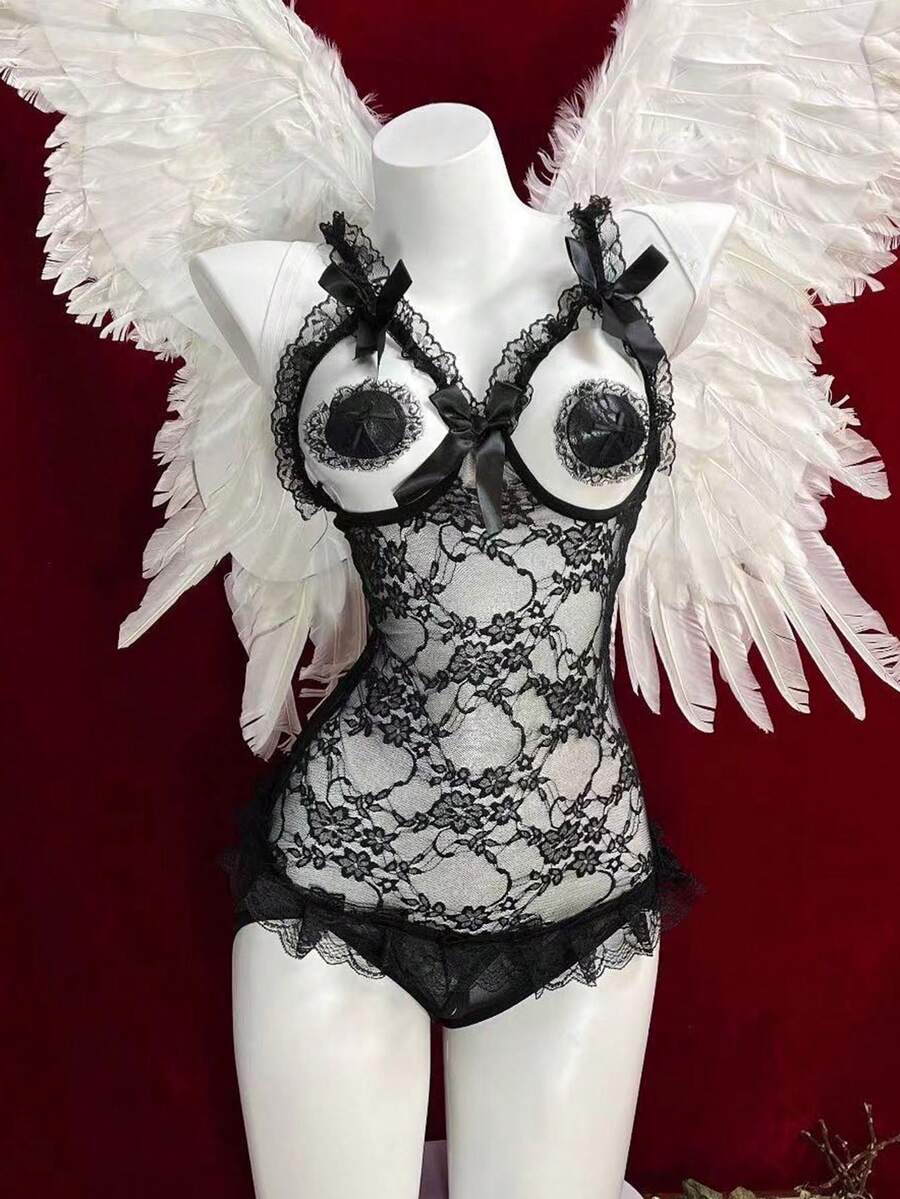 Black Floral Lace Sheer Slip Bodydoll Jumpsuit For Hot Women Open Crotch One-Piece Teddy V-Neck Mesh Bodysuit Valentine's Day Gift For Husband - 黑色 - 查看 1