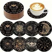 8/80个圆形木质杯垫 - 神秘金色主题，2D印刷 - 耐热饮料杯垫，家居和办公室装饰的理想之选 | 适用于咖啡桌、书桌、厨房，保护桌面 | 非常适合母亲节、情人节、婚礼季、生日派对、节日用餐 | 装饰餐具 - 彩色 - 查看 1