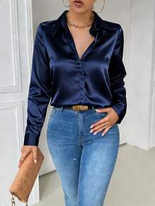 娇小女款时尚通勤长袖衬衫，纯色缎面前襟纽扣衬衫领，适合日常通勤和春季休闲穿着 - 藏蓝色 - 查看 3