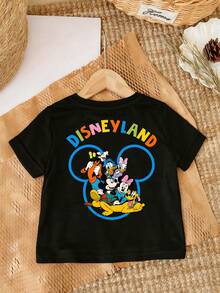 Casual Disneyland Kids' Tee – Versatile Black Short Sleeve Top With Double-Sided Print For Mix-And-Match Outfits - 黑色 - 查看 2