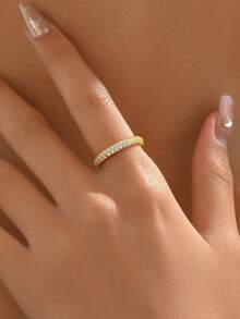 1枚简约扁平开口925纯银女士结婚戒指，优雅精致立方氧化锆戒指，结婚首饰，情侣订婚承诺戒指礼物 - 金色 - 查看 7