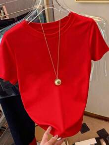 FNI Fusion Women' Plain Casual Versatile Crew Neck Short Sleeve T-ShirtOversized Casual Going Out Tops Women, Perfect - 紅色 - 查看 1