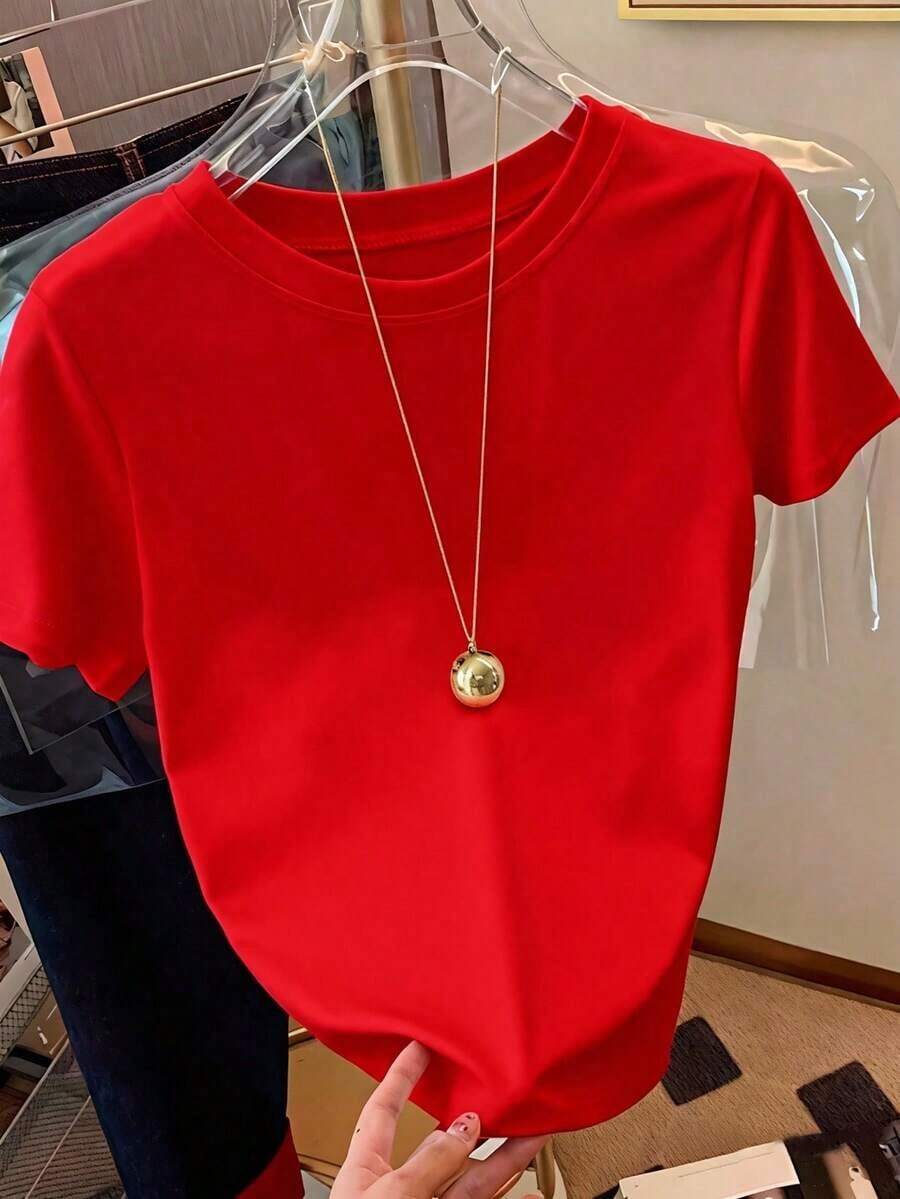 FNI Fusion Women' Plain Casual Versatile Crew Neck Short Sleeve T-ShirtOversized Casual Going Out Tops Women, Perfect - 紅色 - 查看 1