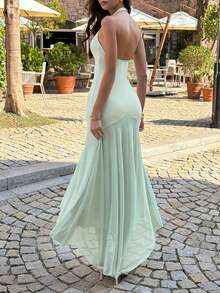 Đầm hở lưng cổ yếm màu trơn gợi cảm dành cho nữ, thích hợp cho mùa hè dự tiệc. - màu xanh lá - Xem 4