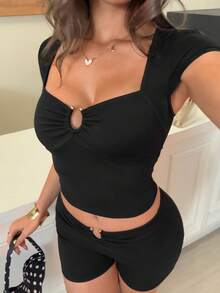 Dali Polly Women's Summer Boho Casual Metal Buckle Pleated Bodycon Scoop Neck Short Sleeve Top And Shorts 2 Piece Set, Casual Holiday Outfit, Boho 2-Piece Set - Black - View 6