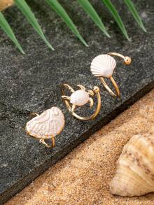 Set de 3 anillos con diseño de caparazón de tortuga estilo océano, adecuados para vacaciones de verano, se pueden apilar, combinan con bikini y otros accesorios de playa - Multicolor - Ver 4