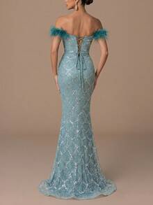 Faeriesty Luxury Beaded & Sequin Maxi Dress - Sparkling Geometric Beading And Feather Shoulder Details, Fitted Mermaid Silhouette With Floor-Length Hem, Suitable For Galas, Weddings, Red Carpets And Other Formal Occasions To Showcase Alluring Elegance. - Cadet Blue - View 1