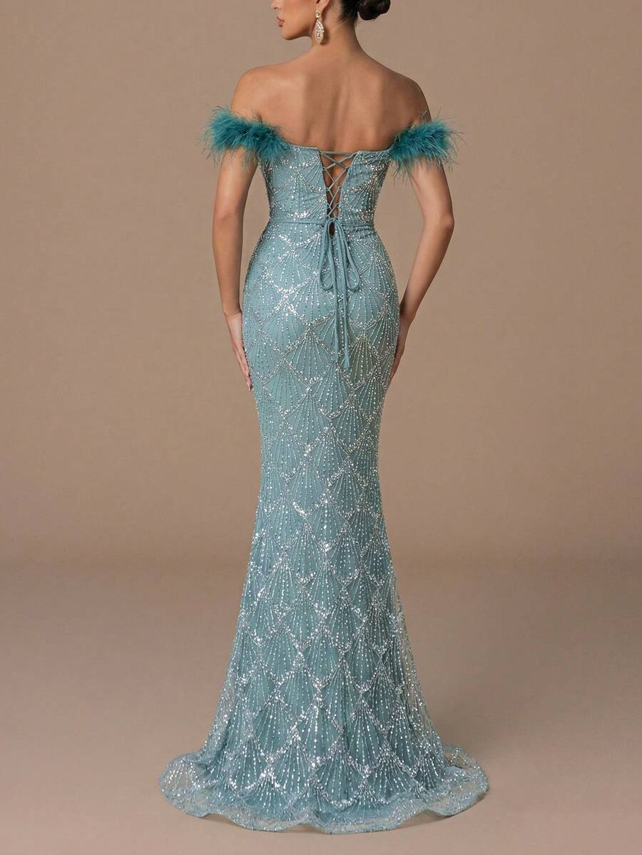 Faeriesty Luxury Beaded & Sequin Maxi Dress - Sparkling Geometric Beading And Feather Shoulder Details, Fitted Mermaid Silhouette With Floor-Length Hem, Suitable For Galas, Weddings, Red Carpets And Other Formal Occasions To Showcase Alluring Elegance. - Cadet Blue - View 1