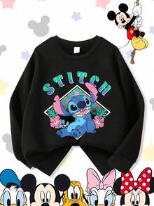 Disney Lilo & Stitch Cute Sitting Pose Tropical Floral Logo Graphic Comfortable Print Young Girls' Long Sleeve Sweatshirt, Suitable For Autumn/Winter, Lightweight And Cozy, Great For Layering In Fall, Fashionable Casual Wear, Graphic Design, Back To School Season, Autumn, Back To School Party, Suitable For Outdoor Picnic, Street Photography, Home, Campus, Holidays, New Year Gift - màu đen - Xem 2