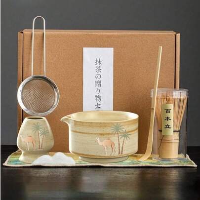1 قطعة/4 قطع/5 قطع/7 قطع طقم شاي سيراميك بوعاء شاي ماتشا على شكل جمل الصحراء الشرق أوسطي مع حامل خفاقة الشاي، أدوات شاي طقوس الشاي اليابانية سونغداي
