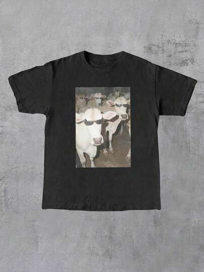 Women's Summer Casual Short-Sleeved T-Shirt With Sheep Print, Featuring A Relaxed Fit And A Relaxed Style, Perfect For Everyday Wear And Streetwear. Also Includes A Cute Beach T-Shirt And Other Summer Top Options. Black