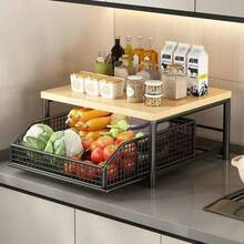 Modern Kitchen Microwave Rack Storage Rack - Sturdy Solid Wood And Metal Structure, Space-Saving Countertop Storage Rack - Black - View 1