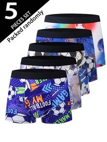 5pcs/Pack Men's Boxer Briefs, Random Football Printed Underwear, Comfortable Versatile Men's Boxer Shorts - Multicolor - View 1