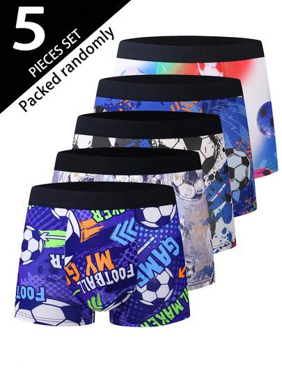 Bộ 5 quần boxer nam, in họa tiết bóng đá ngẫu nhiên, quần boxer nam thoải mái và đa năng.