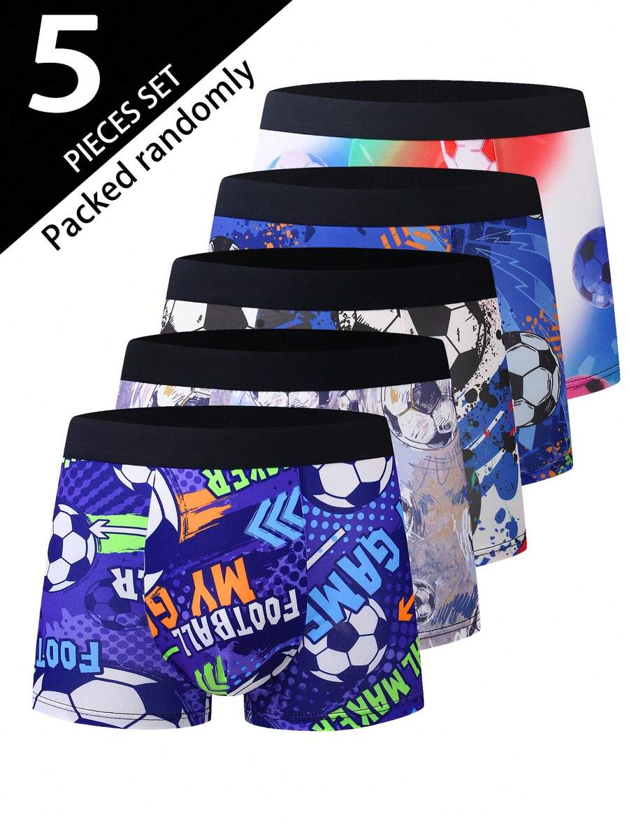 5pcs/Pack Men's Boxer Briefs, Random Football Printed Underwear, Comfortable Versatile Men's Boxer Shorts - Multicolor - View 1